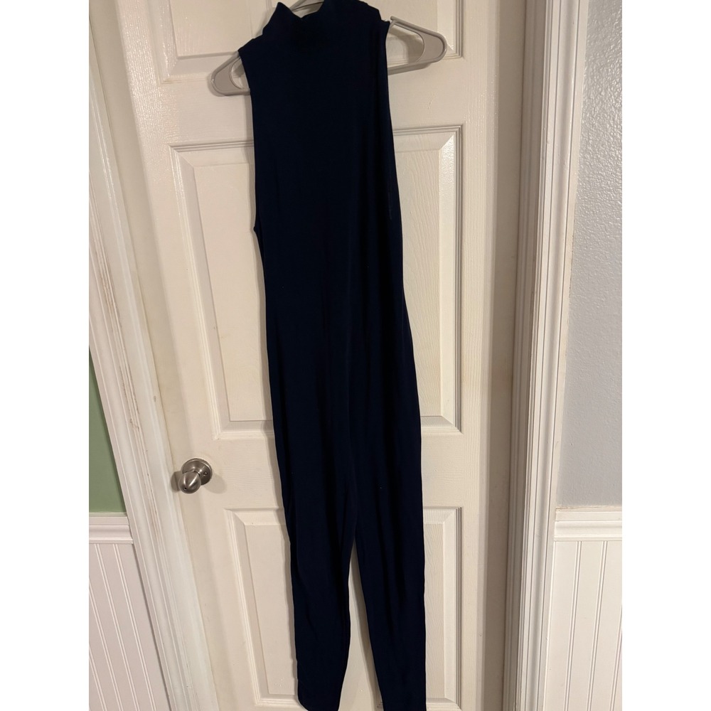 Ralph Lauren Navy Blue Ribbed Mock Neck Jumpsuit Gold Crest Buttons Sleeveless